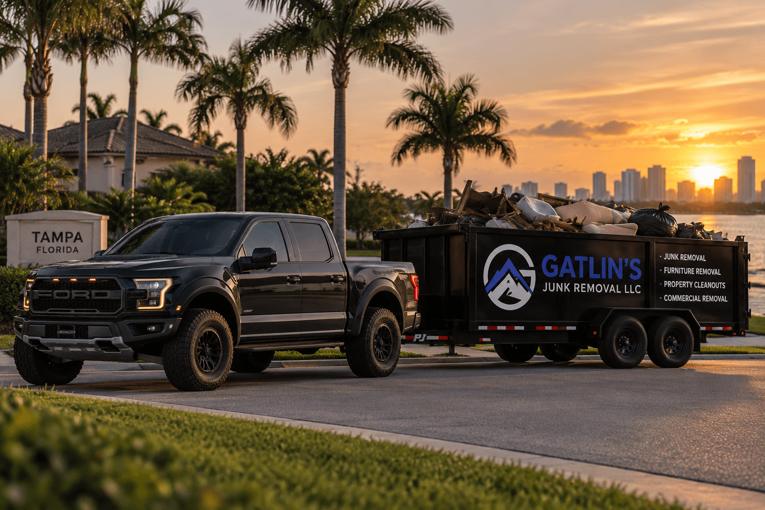 Gatlin's Junk Removal truck and trailer in Tampa, Florida